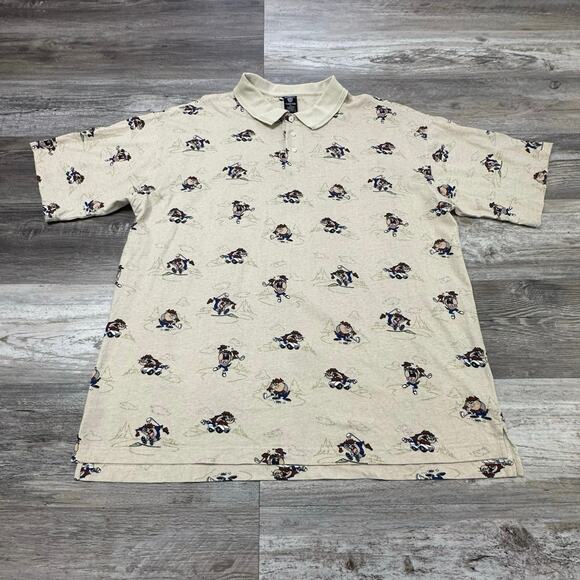 Vintage 90s 1997 WB Warner Bros Cream‎ Mens 2XL AOP Taz Tasmanian Devil Polo - Picture 1 of 8